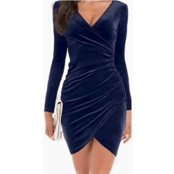 Guberry Navy Velvet Wrap Bodycon Dress XL Long Sleeve Ruched Cocktail Evening - Picture 1 of 8